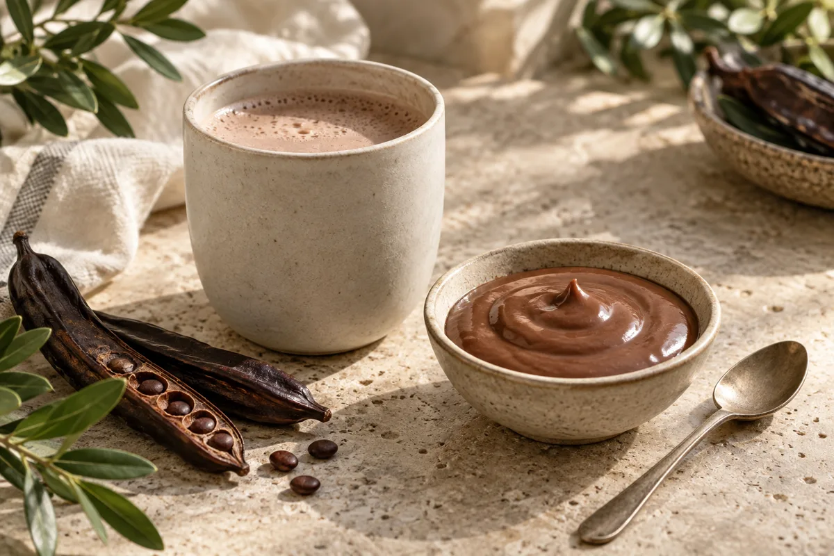 Carob plant-based drink and dessert